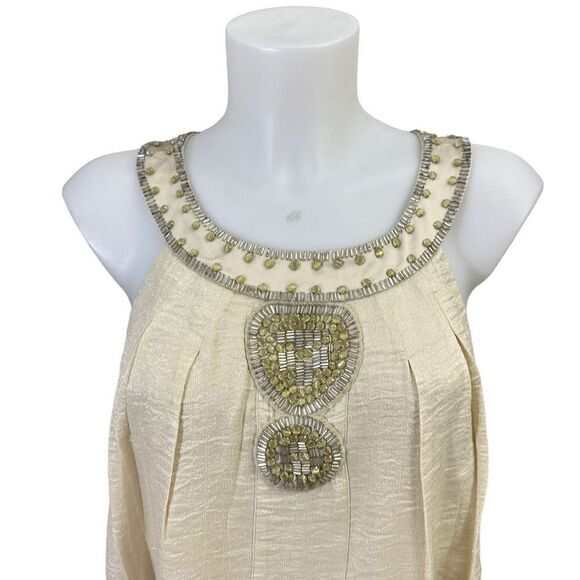 laundry Scoop Neck Crepe Shift Dress Mini Embellished Neckine light gold‎ sz 8 - Picture 2 of 11
